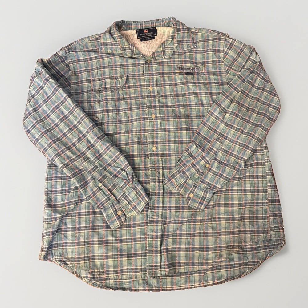 Vineyard Vines Mens XL Harbor Shirt Long Sleeve Green Blue Striped Fishing